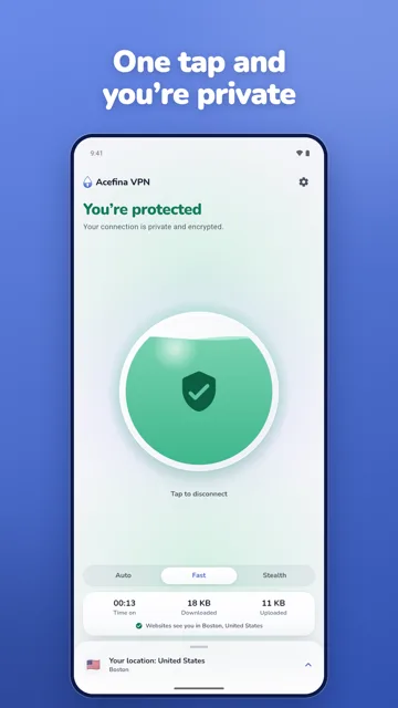 Acefina VPN app screen showing a connected, protected state.